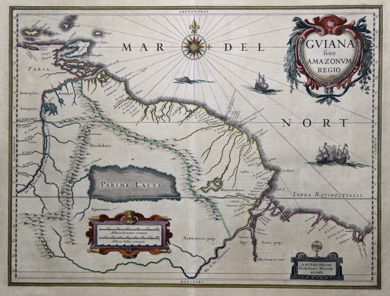 Guyane Original Gravure Sur Cuivre Carte Geographique Blaeu 1650 Ebay